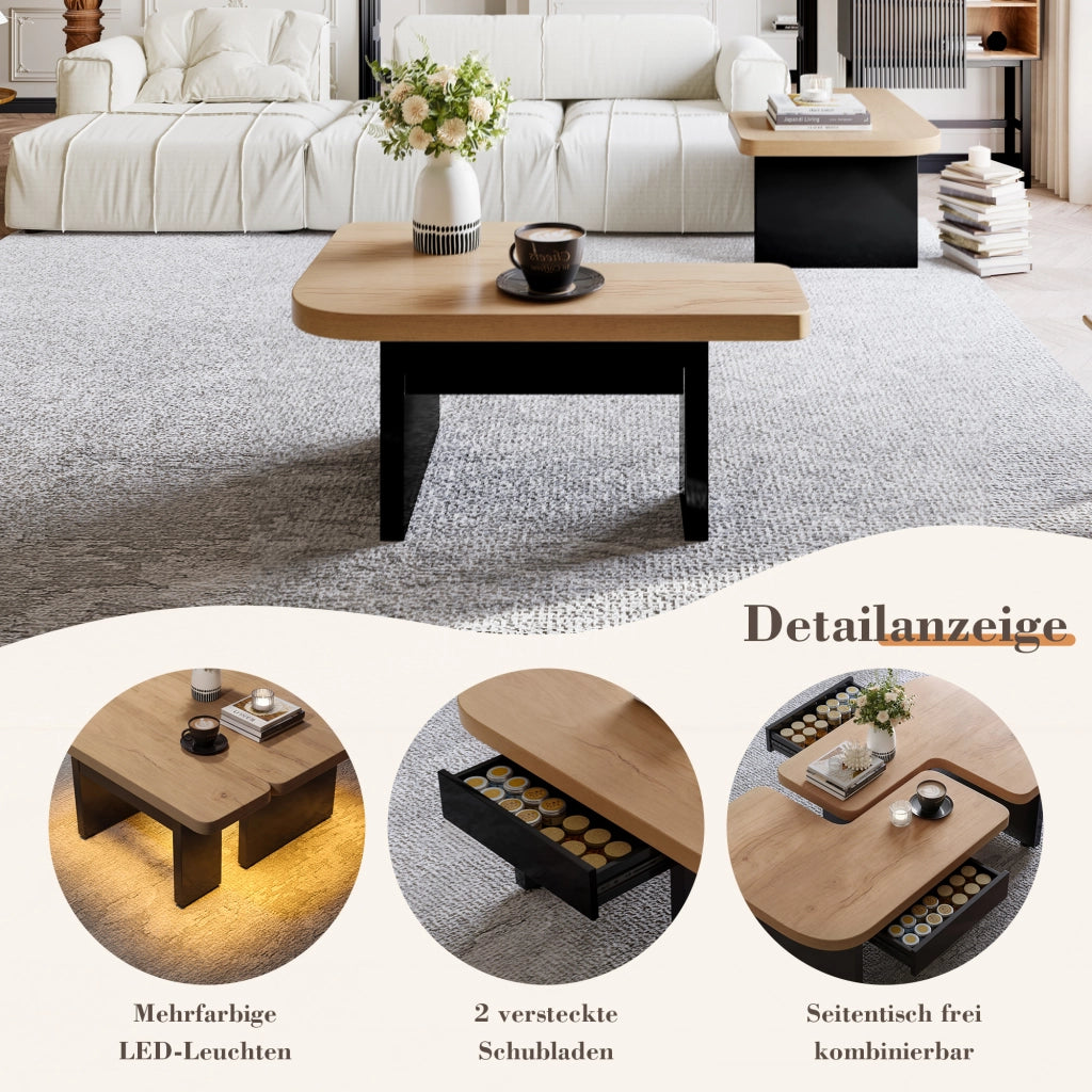 Tavolino da salotto LED con 2 cassetti e tavolini laterali separabili, in MDF naturale e nero, 90 × 60 × 44,5 cm