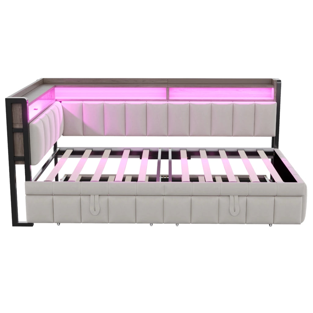 Divano letto estraibile ULEVR 90x200 cm con LED, USB e Type-C, vani portaoggetti, velluto grigio chiaro
