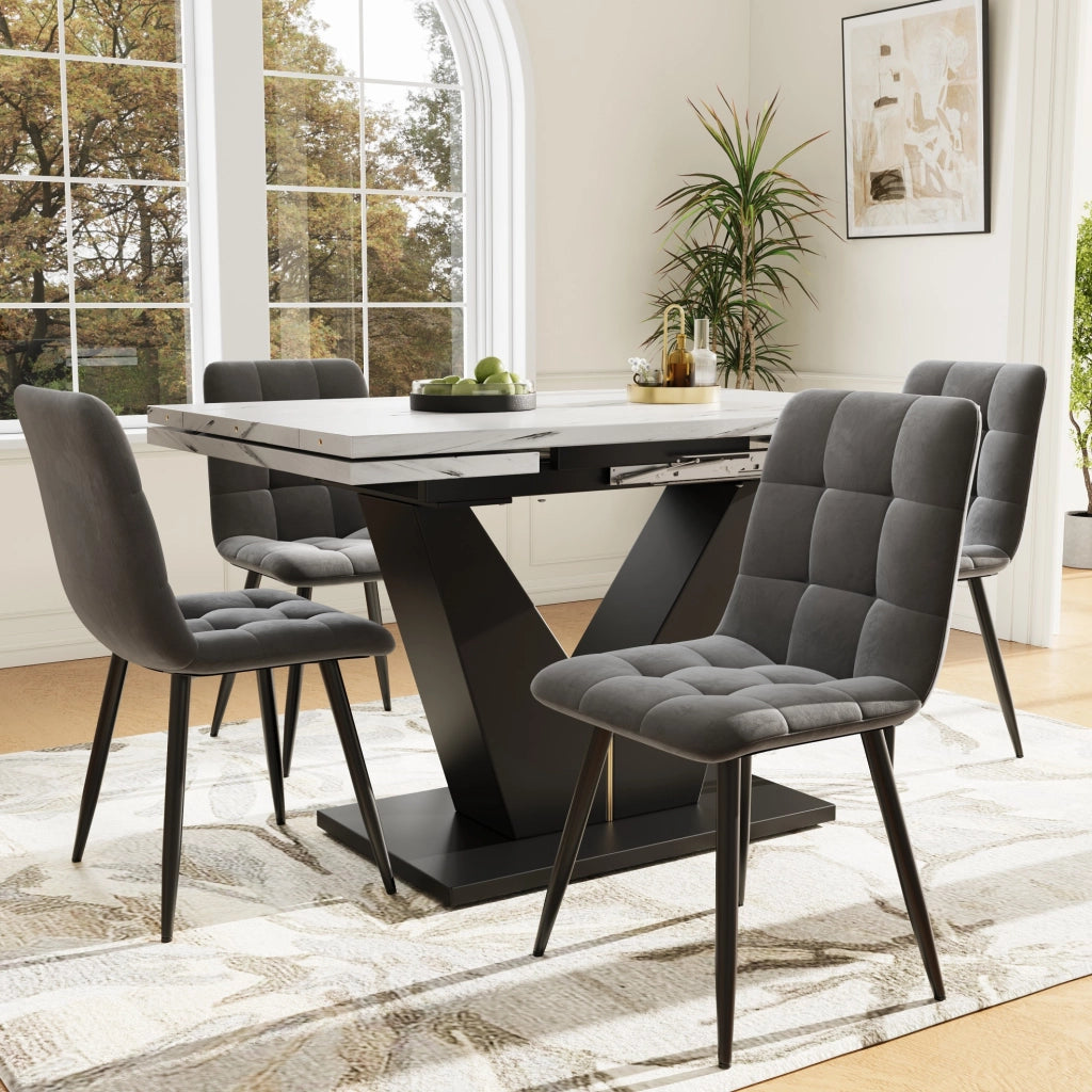 Tavolo da pranzo allungabile 99-159x75 cm con piano in MDF effetto marmo e gambe a V regolabili