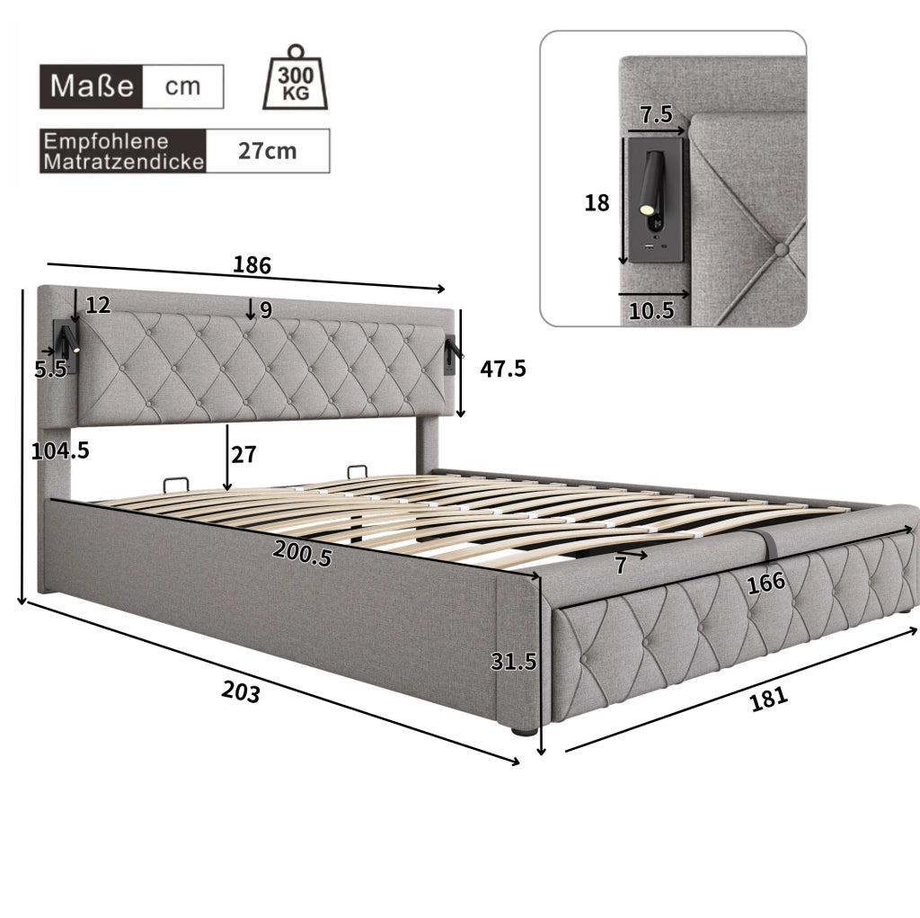 Letto contenitore con LED e USB; rete a doghe in legno; lino grigio