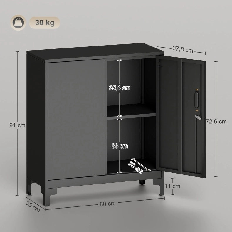 Armadio da ufficio in metallo con porte chiudibili, design a 2 livelli, colore nero