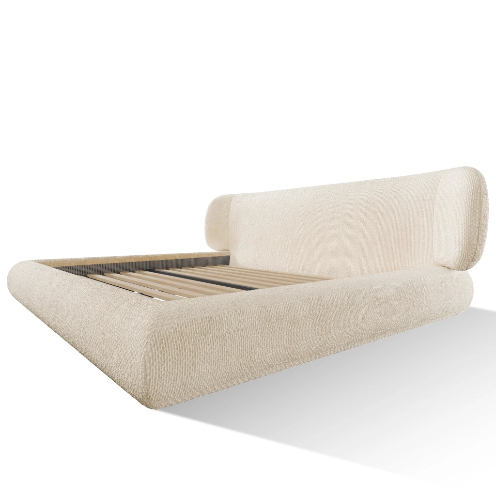 Letto matrimoniale imbottito 140x200 cm beige in ciniglia; testiera e rete a doghe