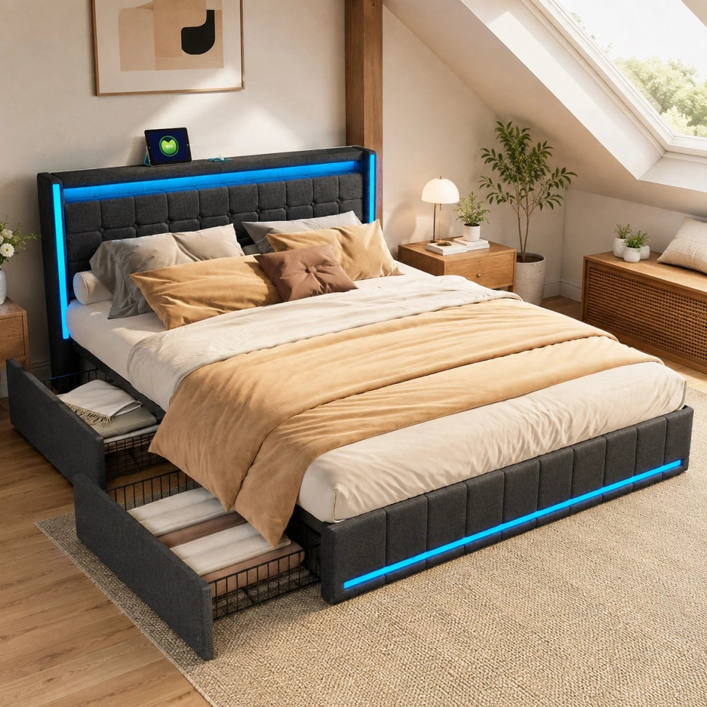 Letto matrimoniale con Contenitore 180x200 cm;letto imbottito 180x200 con 4 cassetti; LED e USB; rete a doghe;Grigio scuro; Lino;Senza Materasso