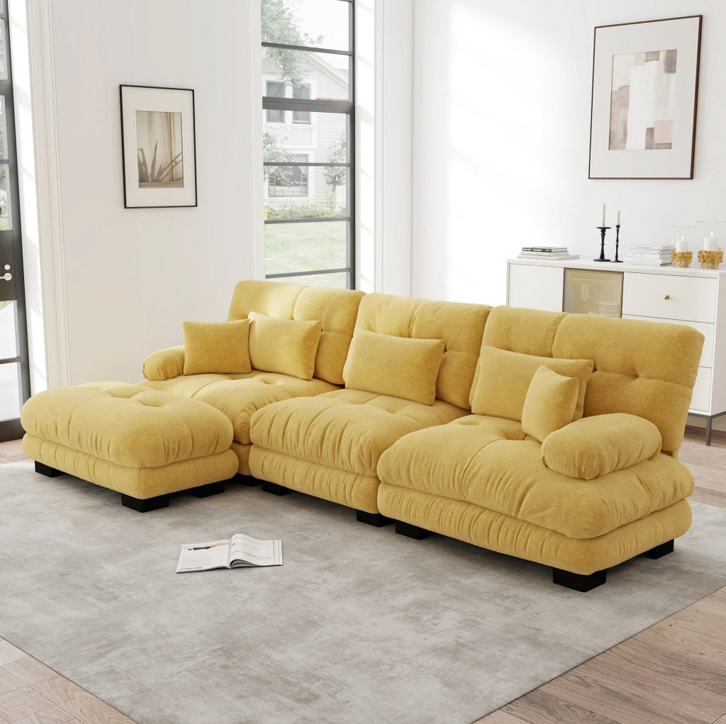 Divano angolare modulare 313x145x81 cm in ciniglia gialla con pouf