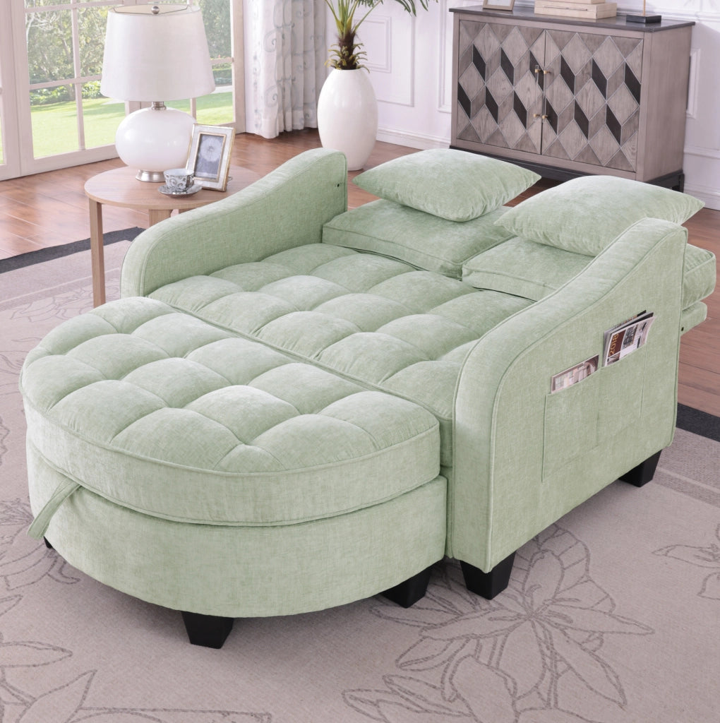 Divano letto trasformabile 132x129x93 cm con pouf contenitore in legno di eucalipto; ciano