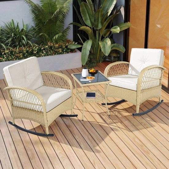 Set da balcone 3 pezzi - Cuscini beige - Tavolo - Cornice in plastica