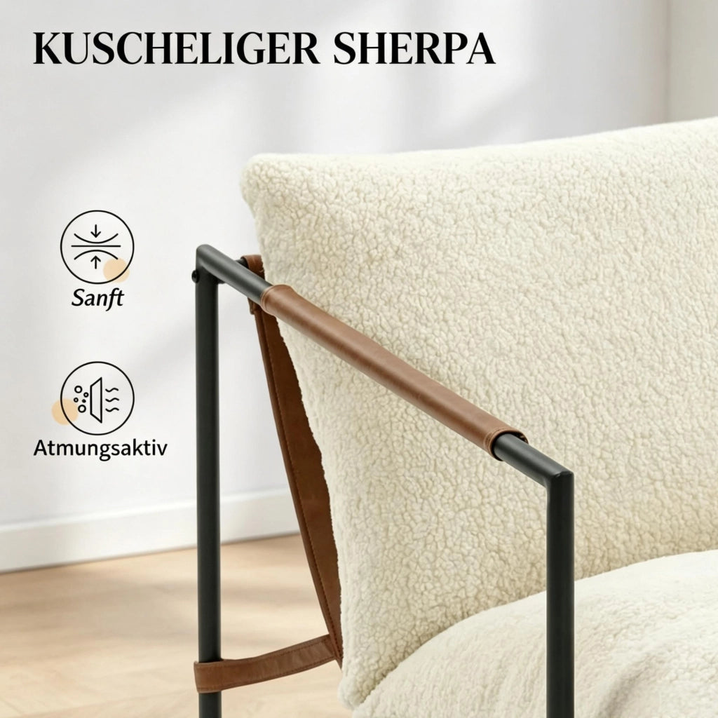 POLTRONA Bouclé Imbottita 77x91x80 cm Crema con Struttura in Acciaio al Carbonio