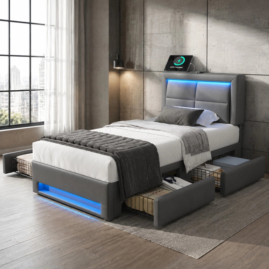 Letto con cassetti 90 × 200 cm imbottito con quattro cassetti LED USB ricarica wireless in PU grigio