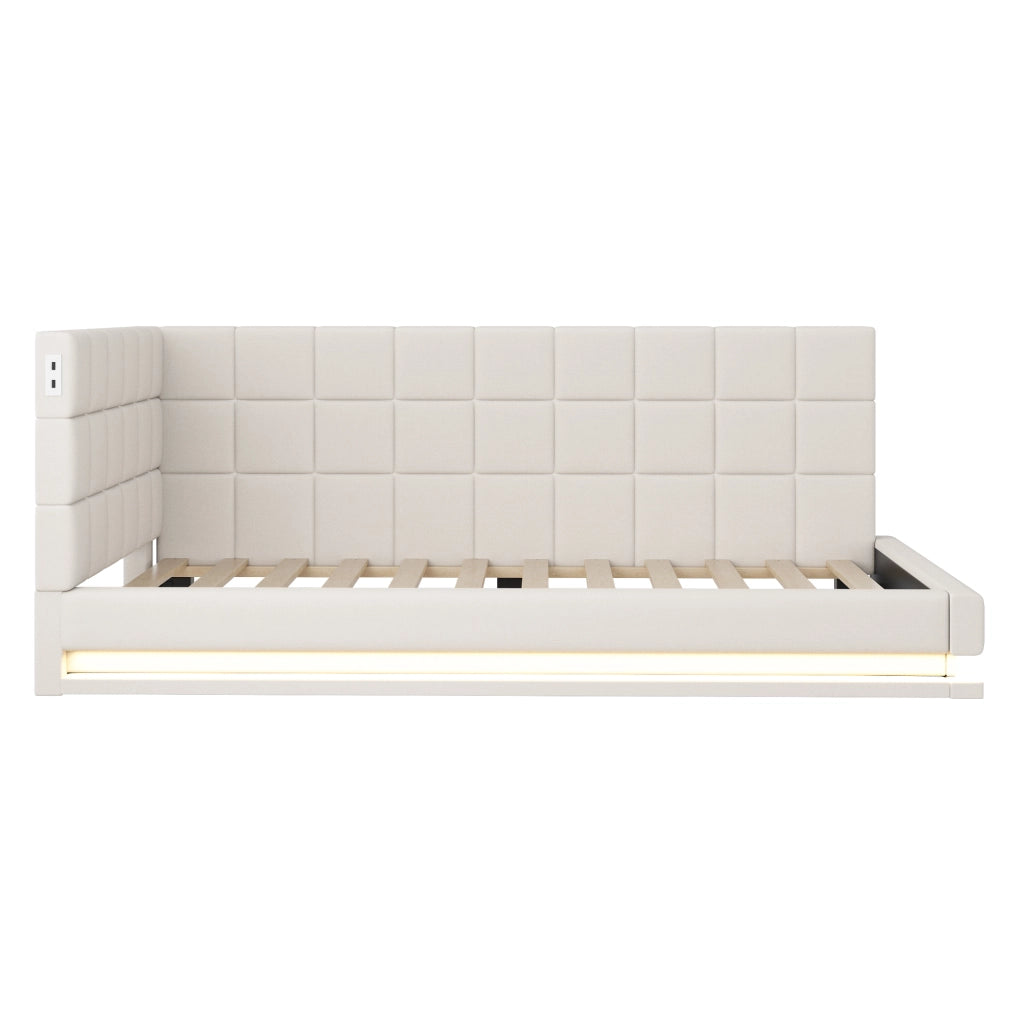 OKWISH Letto divano 90×200 cm, Letto Singolo con LED Multicolore, USB e Doghe, senza Materasso, in Tessuto Lino, Beige