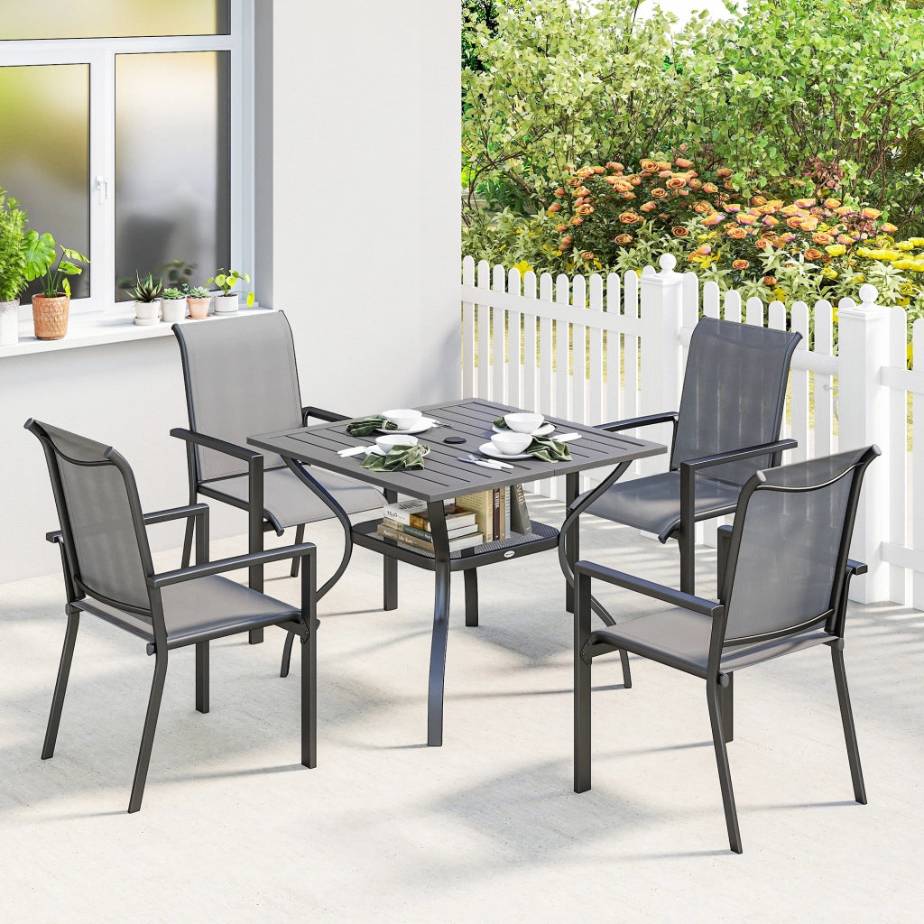 Set da Giardino 5 pz in Acciaio con 4 Sedie Impilabili e Tavolo con Foro Centrale e Ripiano Inferiore, Grigio