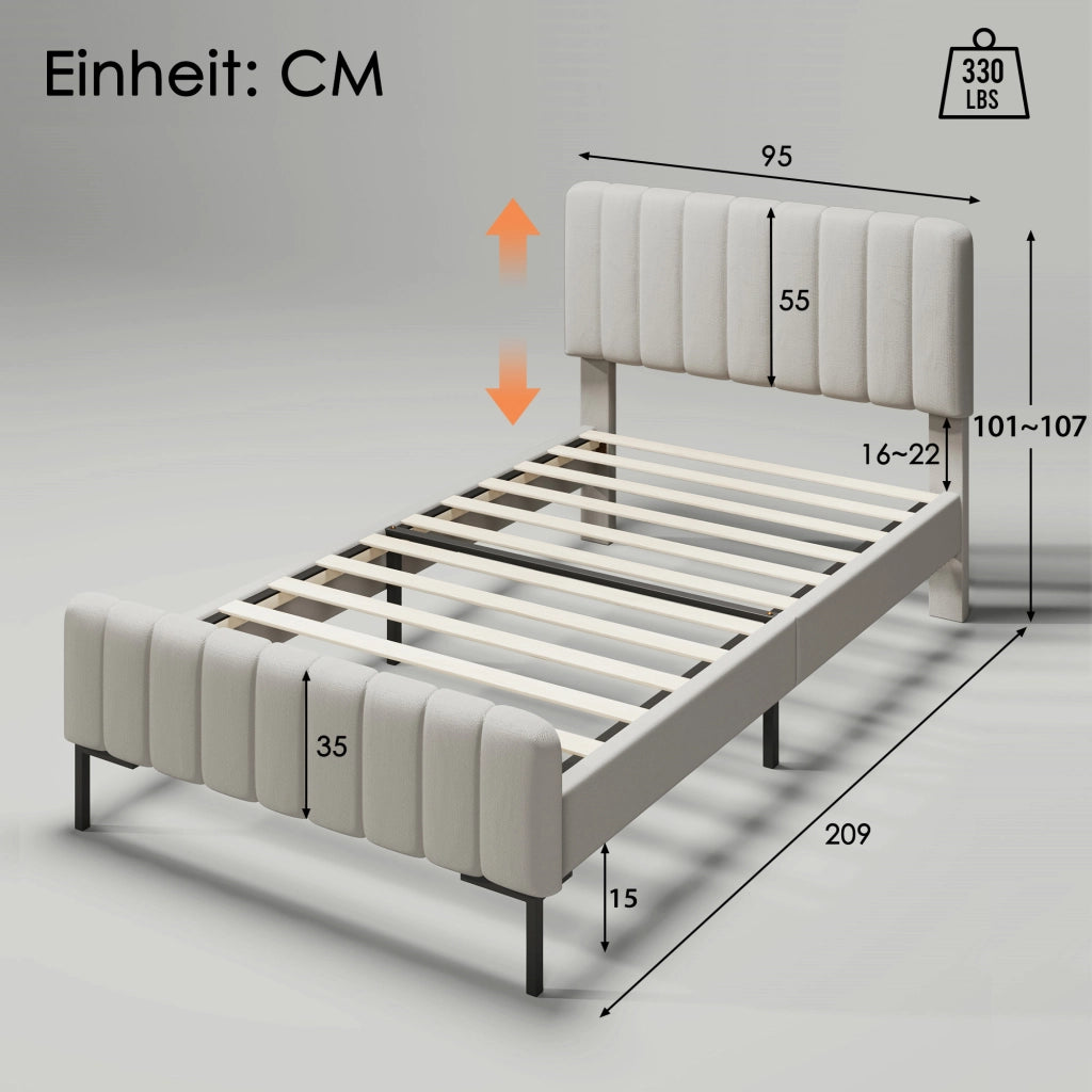 Letto singolo imbottito 90x200 cm grigio beige con materasso