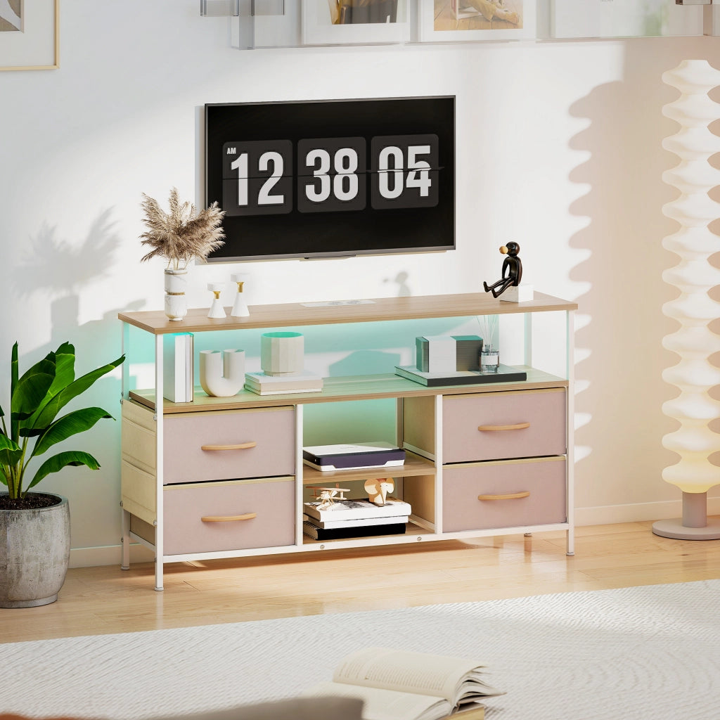 Mobile TV con Luci LED e Prese USB ¨C Minimal ¨C 120x30x67,5 cm Beige e Bianco