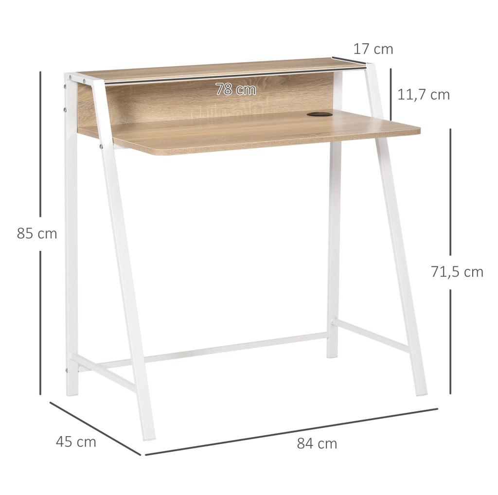 Scrivania moderna in metallo bianco con piano in MDF rovere 84x45x85 cm con vano portaoggetti e passacavi per home office