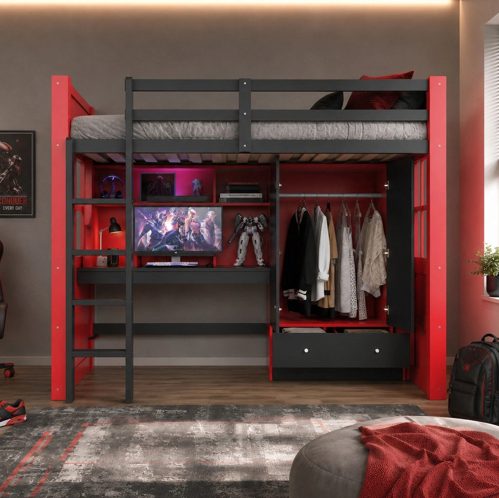 Letto a soppalco 90x200 cm in legno con scaletta, armadio, cassetti, scrivania e illuminazione LED, colore nero e rosso, stile gaming per bambini e ragazzi