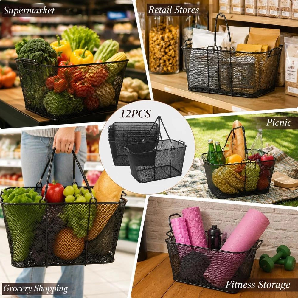 Shopping Baskets With Handles, 12 Pieces, Black Metal Shopping Basket, Portable Wire Shopping Basket, Black Wire Mesh Shopping Basket Set For Supermarkets, Retail Stores, Grocery Shopping, Black