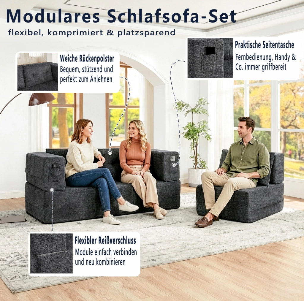 Divano Modulare 2 posti con Poltrona Trasformabile in Letto, Memory Foam, Tessuto Grigio Chiaro, con Tasche Laterali