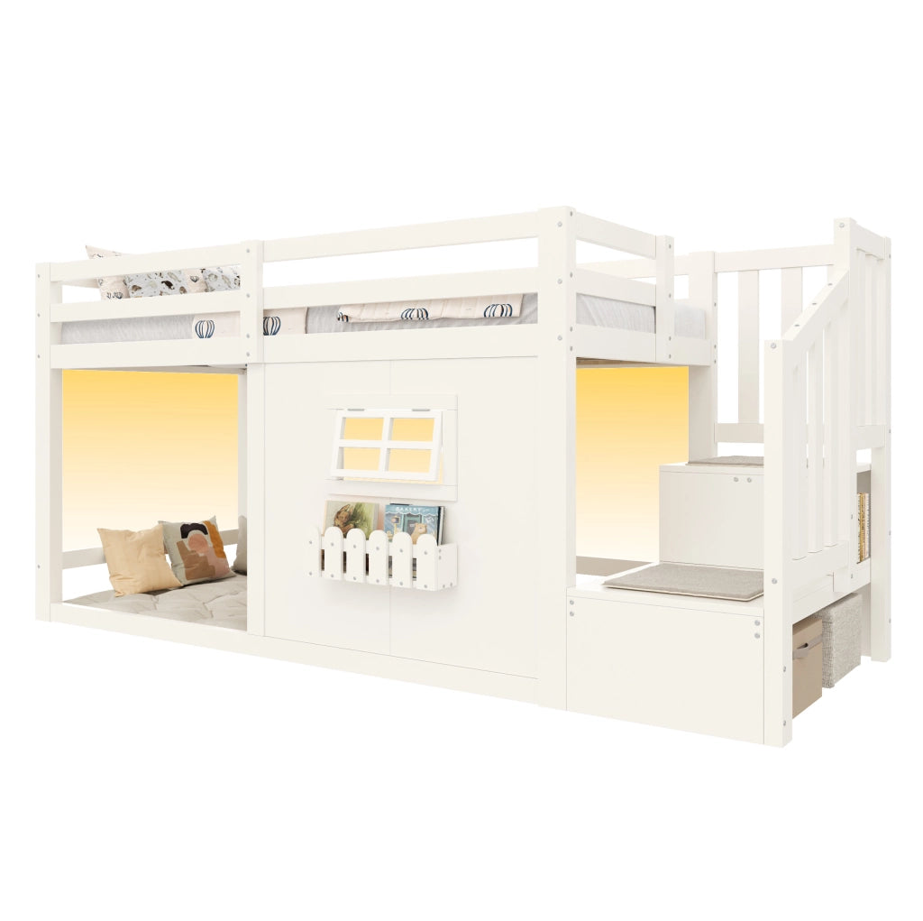 Letto a soppalco singolo 90x200 cm con scala contenitore e LED bianco HOMVRA