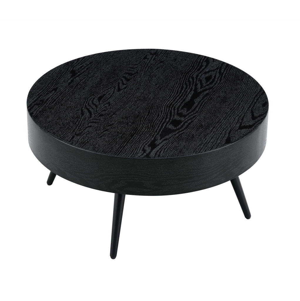 Tavolino rotondo in MDF effetto legno nero con gambe in metallo nero, Ø 70 cm, design minimalista per soggiorno