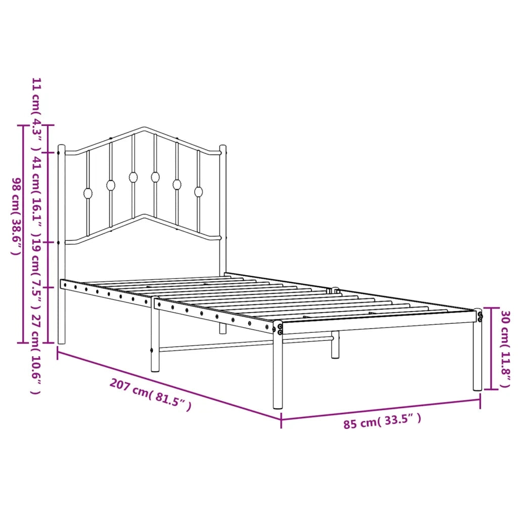 Letto singolo | Letto per adulti | Giroletto con Testiera Metallo Bianco 80x200 cm