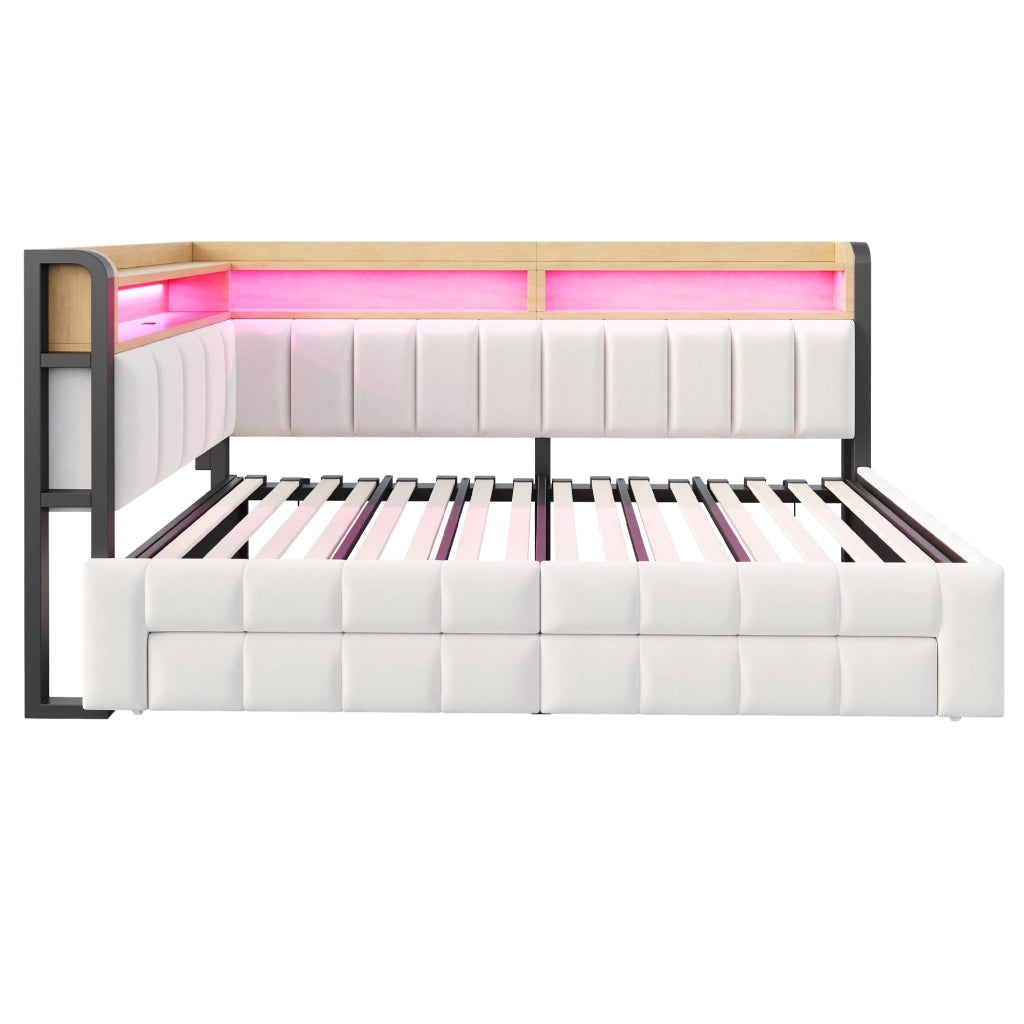 Divano letto 90x200 cm estraibile 180x200 cm con LED; USB e Type-C; cassetti; velluto beige