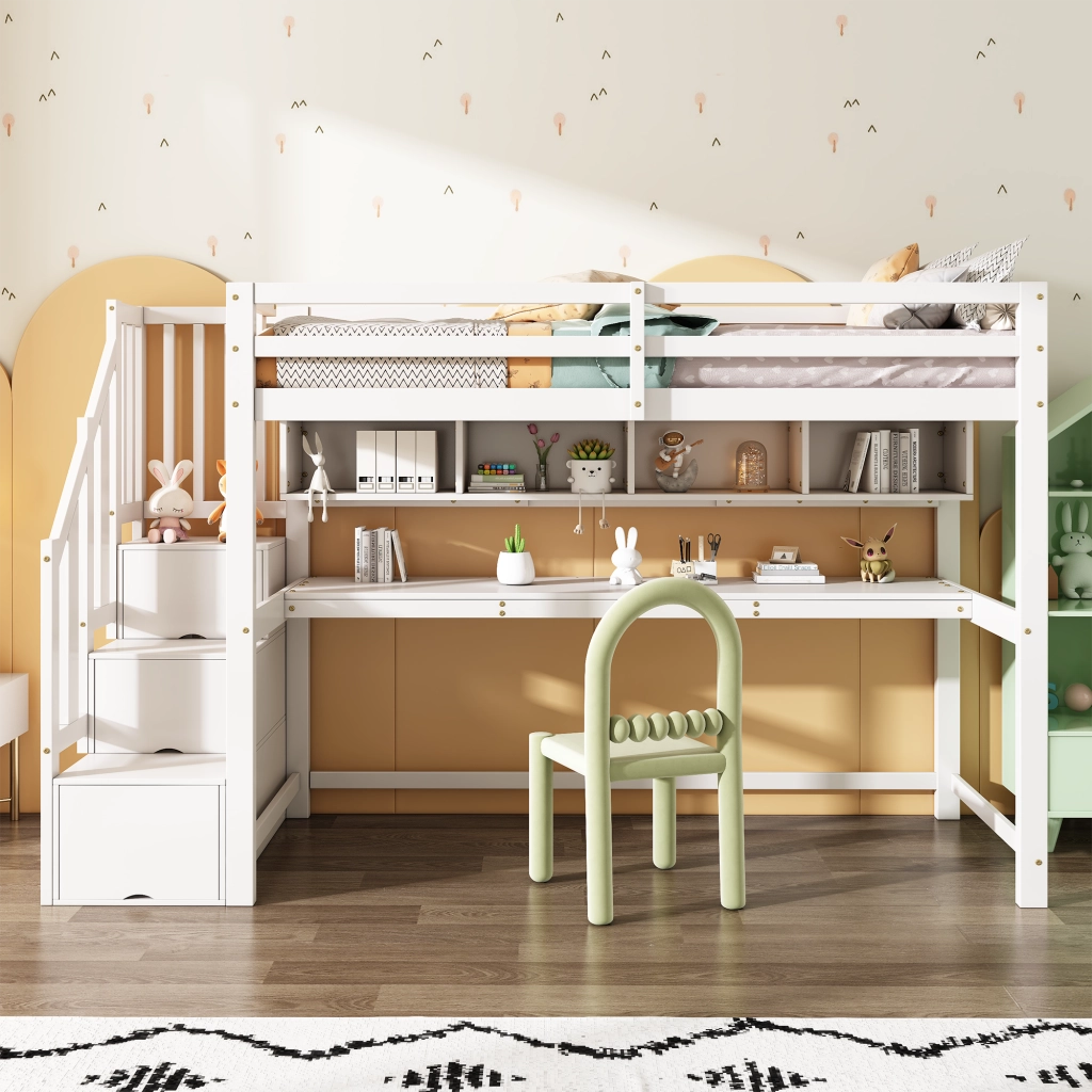 Desviae Letto a Soppalco per Bambini 1 Posto con Scala Contenitore, Scrivania e Scaffale 90 × 200 cm senza materasso
