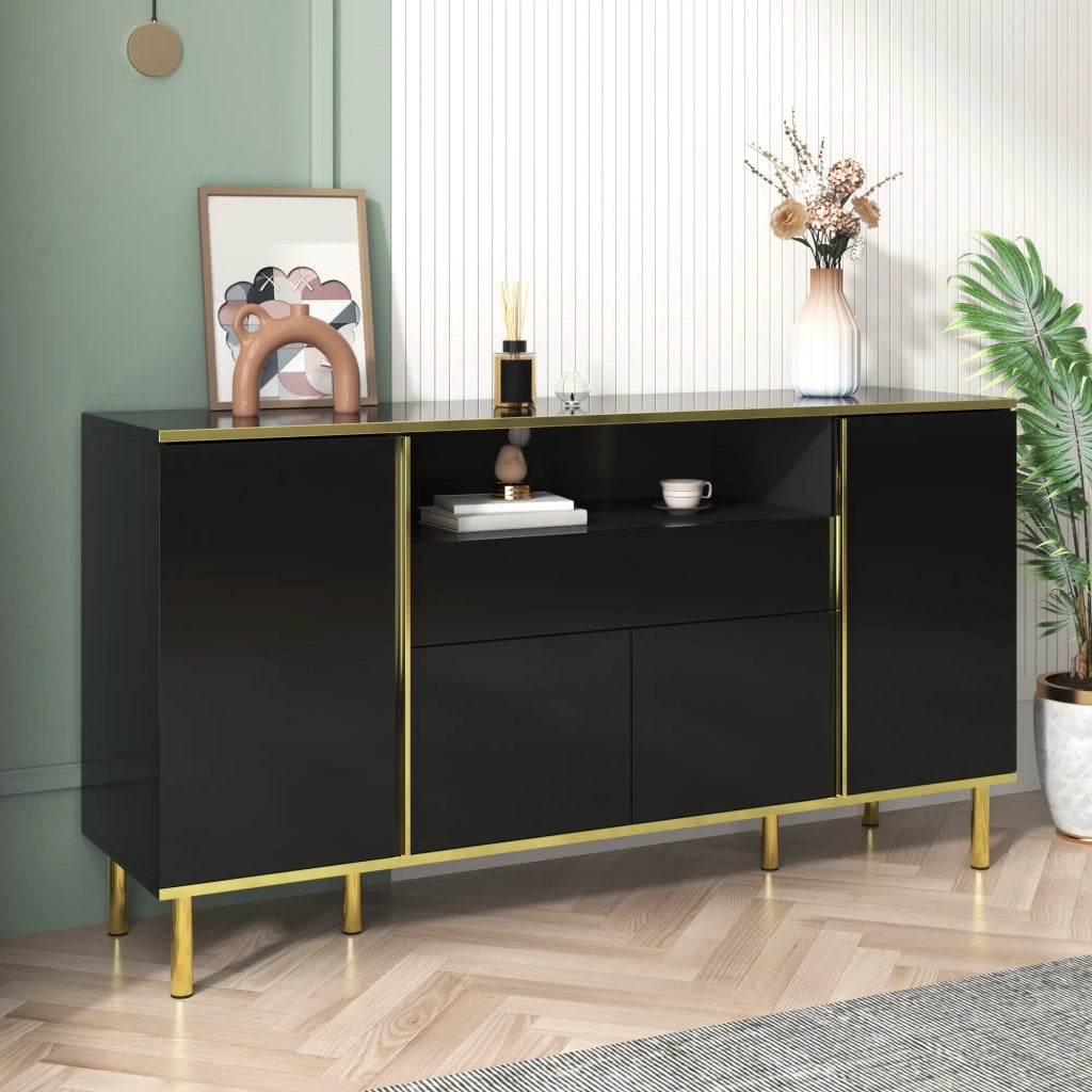 Sideboard nero lucido con 1 cassetto, 150x40x80 cm