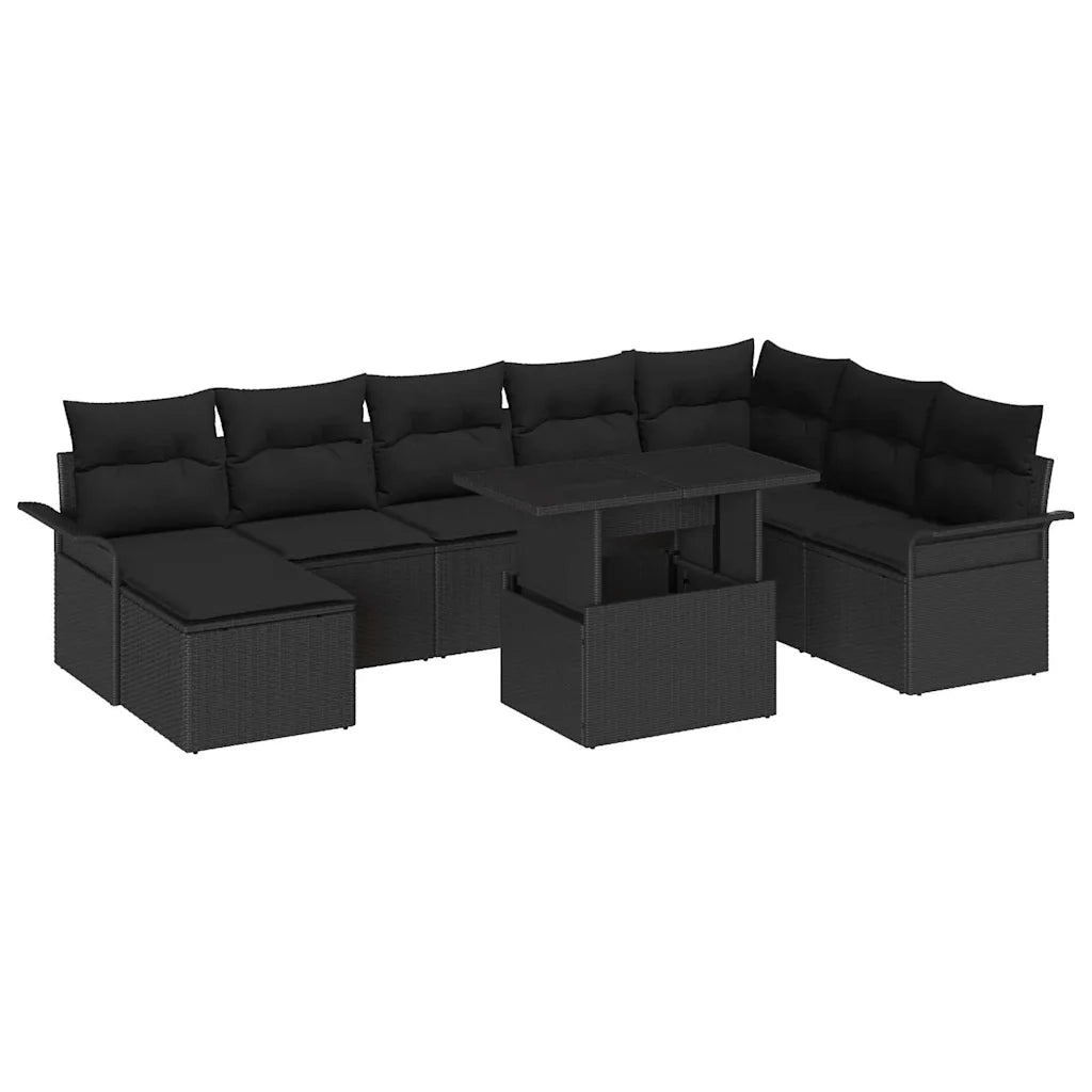 Set Divano da Giardino con cuscino 9 pcs Nero polyrattan