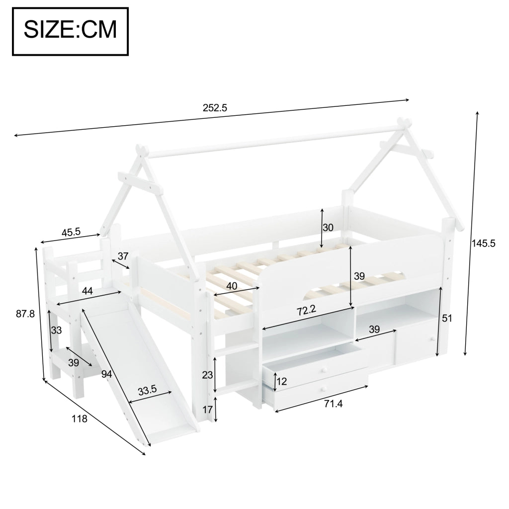 letto bambini massello legno mdf bianco 252.5 x 118 cm