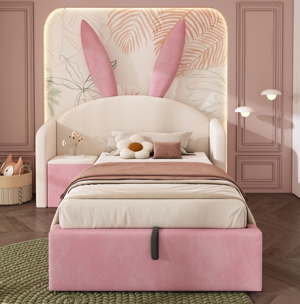 Letto imbottito 90x200 cm con contenitore idraulico e comodino in velluto beige e rosa