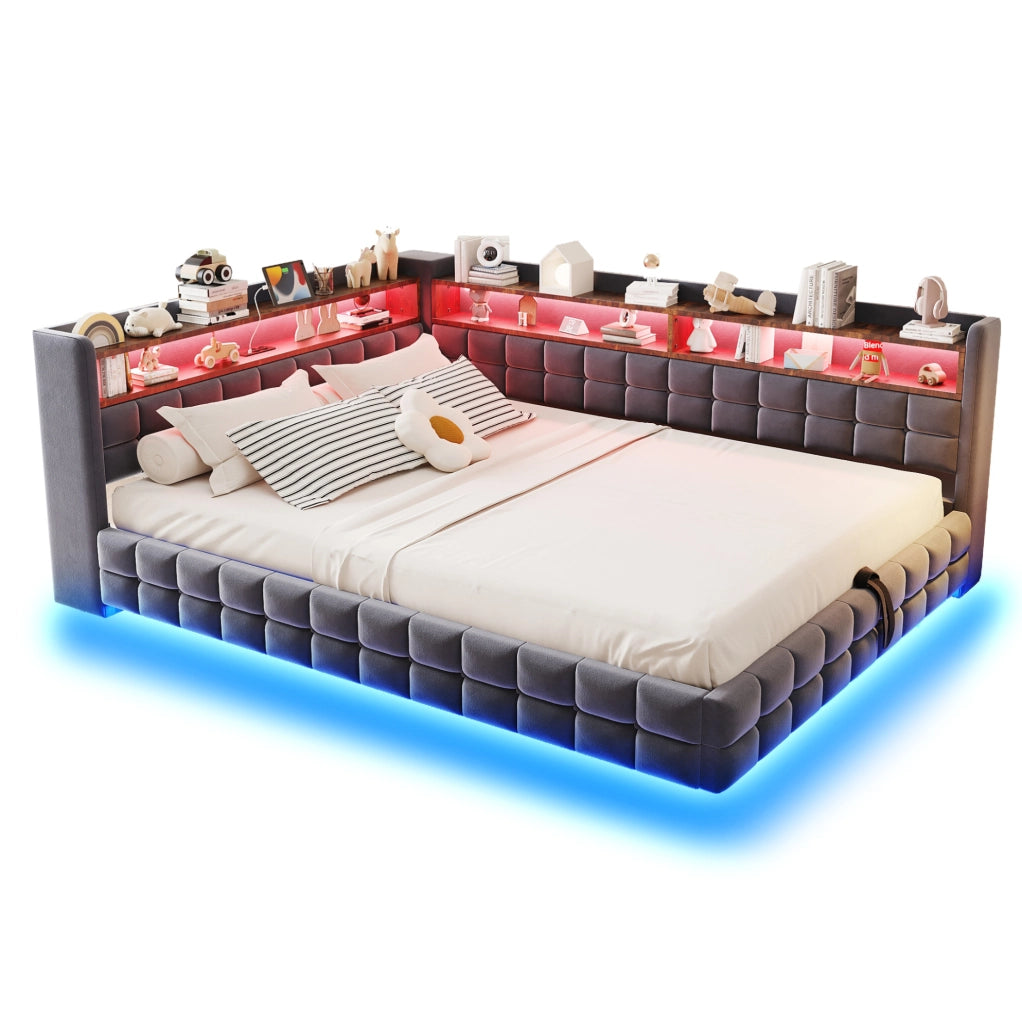 Divano letto imbottito 140x200 cm con contenitore; LED; prese USB e Type-C; grigio