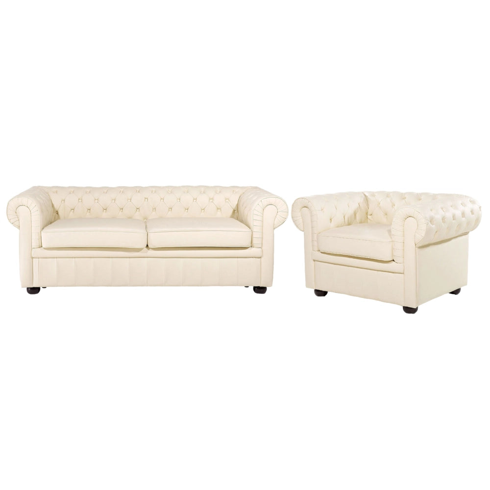 Set soggiorno Chesterfield tappezzeria in pelle crema gambe in legno scuro divano a 3 posti + poltrona contemporanea
