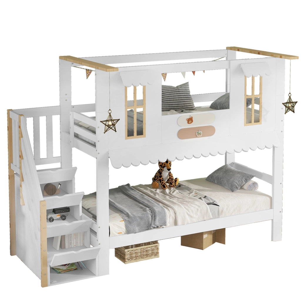 Letto a castello per bambini 90 × 200 cm 2 posti con scala contenitore; senza materasso; bianco e naturale