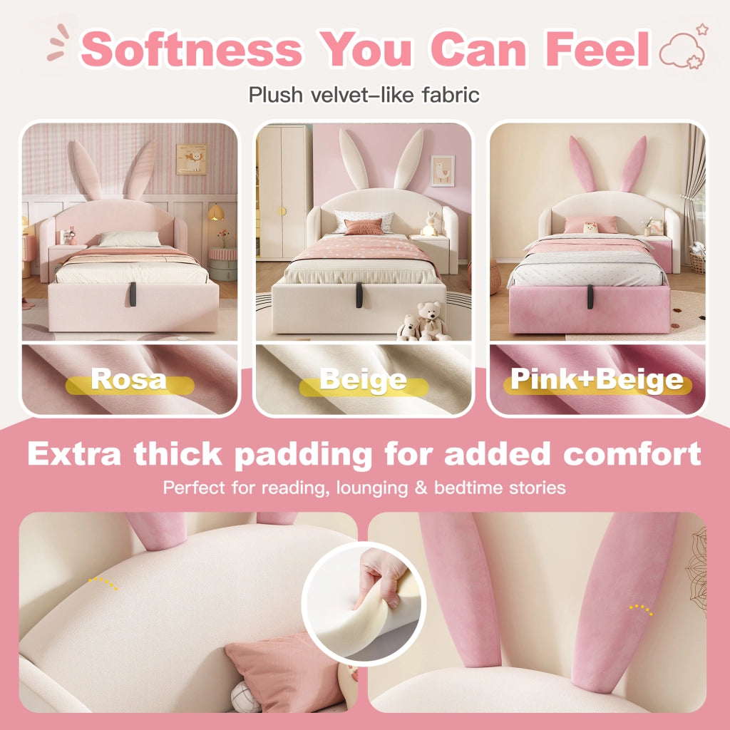 Letto contenitore 90 × 200 cm con comodino reversibile testiera imbottita in velluto beige e rosa