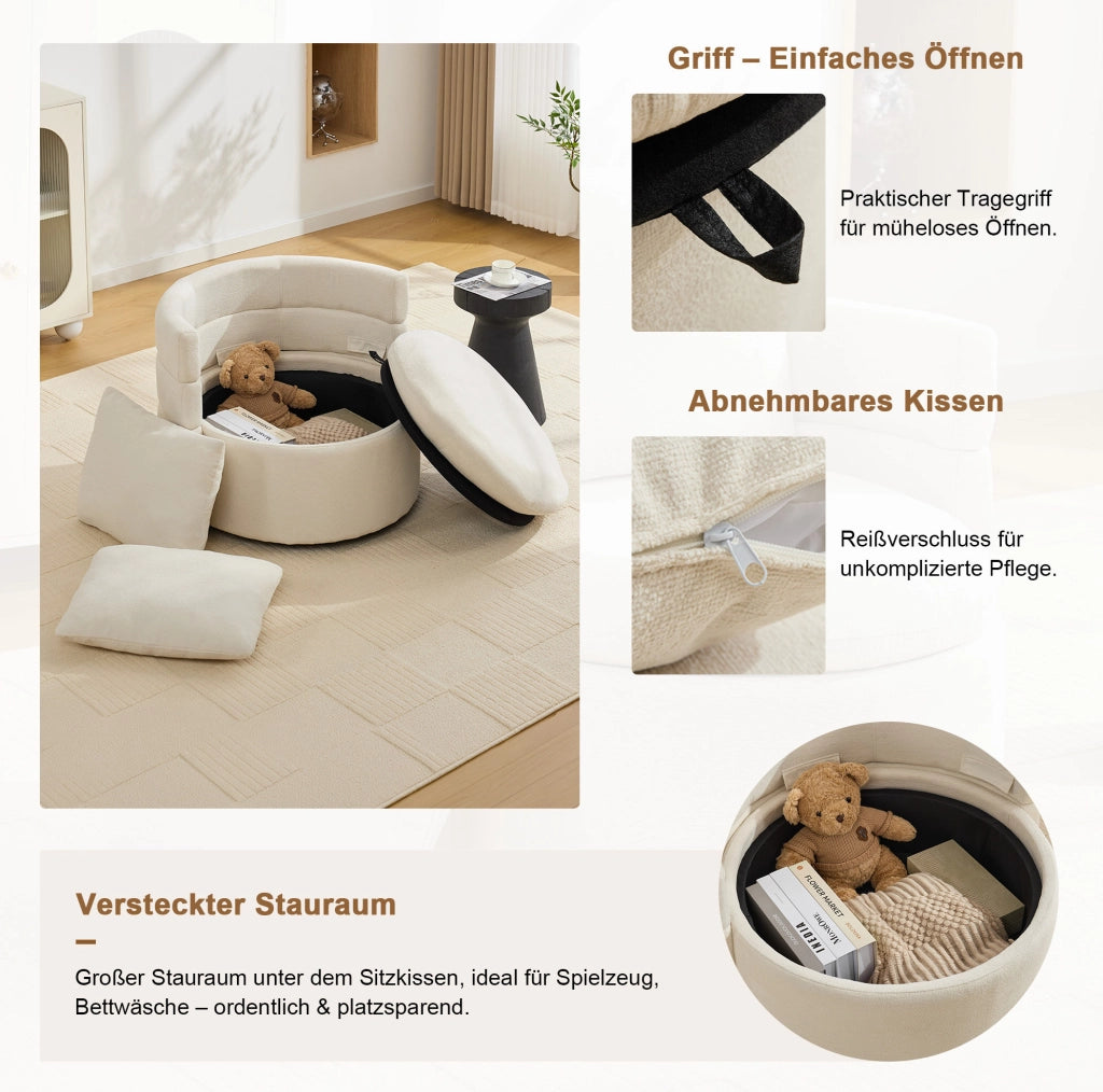 Sedia Girevole 360° con Tessuto Chenille, Cuscino Morbido e Contenitore Nascosto, Poltrona Moderna per Soggiorno e Camera, Dimensioni 72x66.5x76 cm, Avorio