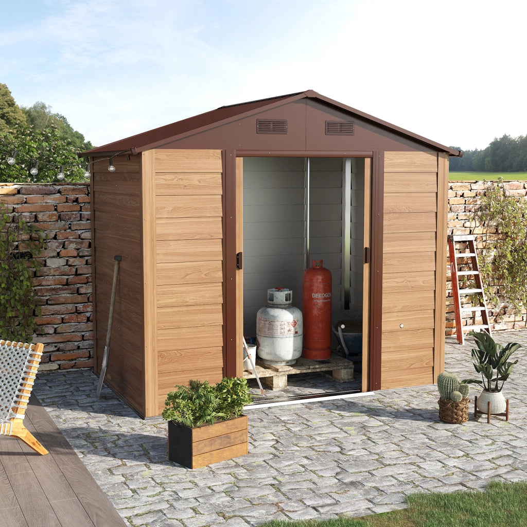 Easycomfort Casetta da Giardino in Lamira Porta Attrezzi con Porte Scorrevoli, Effetto Legno, 152x235.7x208.7cm