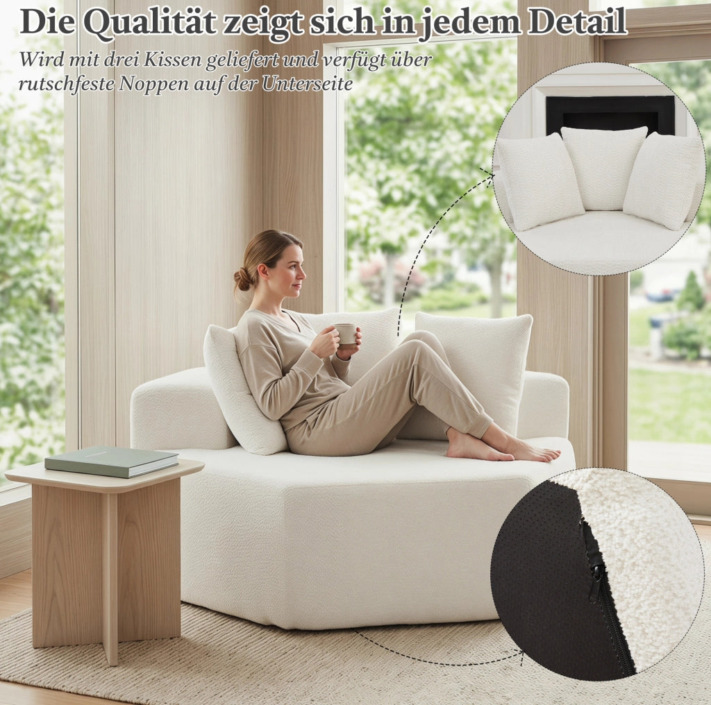 Poltrona lounge modulare esagonale in chenille beige con 3 cuscini
