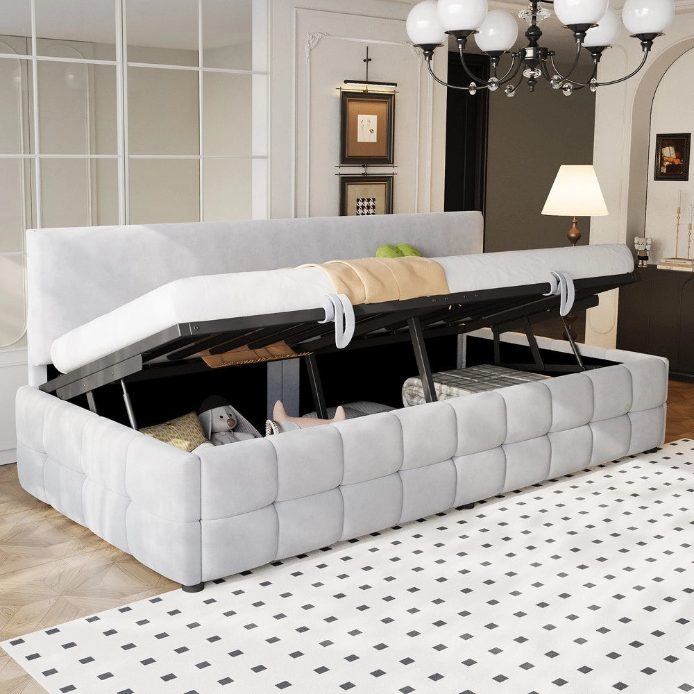 Letto Imbottito Singolo con Contenitore Idraulico ¨C MINIMAL ¨C Velluto Grigio Chiaro 90x200