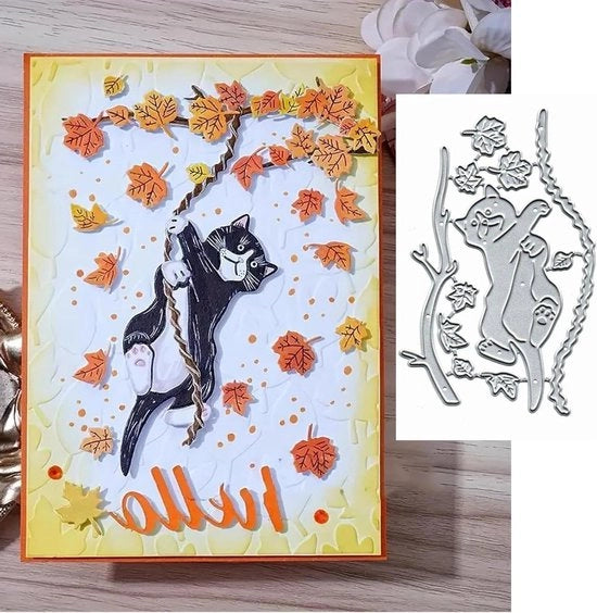 Carta di auguri con foglie metalliche per DIY scrapbooking, stencil per decorazione e sbalzo.