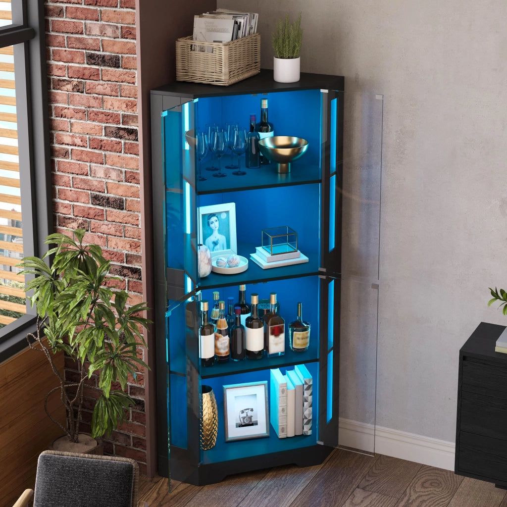 Vetrina angolare con LED RGB 4 ante in vetro temperato e ripiani regolabili MDF nero 60 × 60 × 165 cm