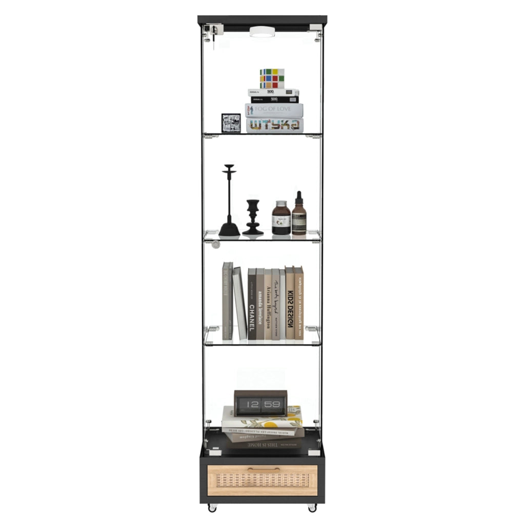 Vetrina moderna nera in vetro temperato con cassetti, LED a 13 colori, 4 ripiani interni, H167 x L42,5 x P36,5 cm