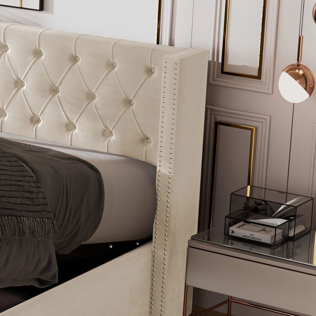 Letto matrimoniale imbottito 180 ¡Á 200 cm contenitore in velluto beige con testiera alta e rete a doghe