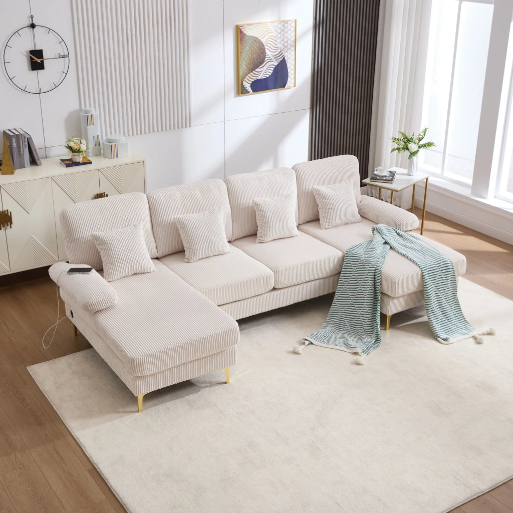 Divano a U 265x135x88 cm con LED e porta USB in velluto beige