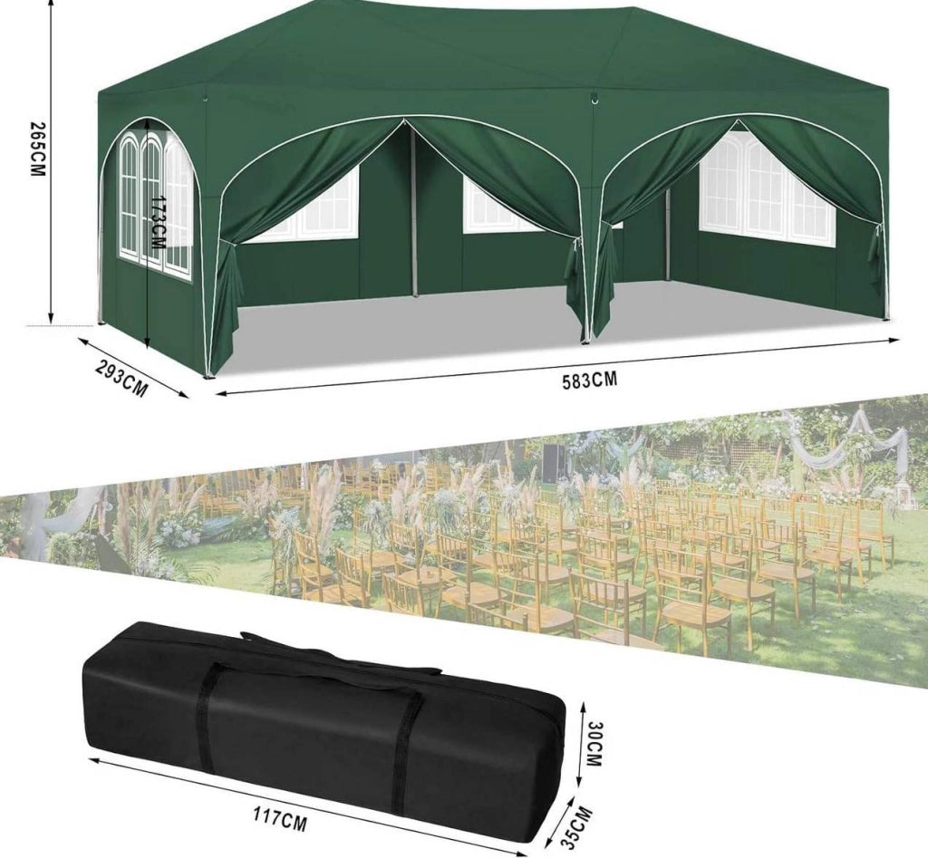 Gazebo pieghevole verde 3x6 m con 6 pareti laterali