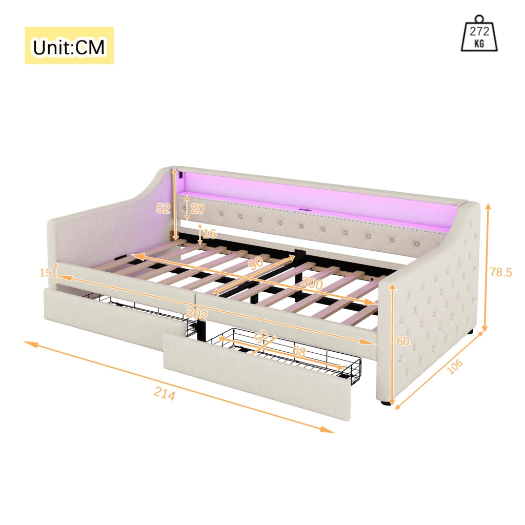 Daybed 90x200 cm con rete a doghe, 2 cassetti, luce LED ambientale e porta USB, struttura in lino e MDF, Beige