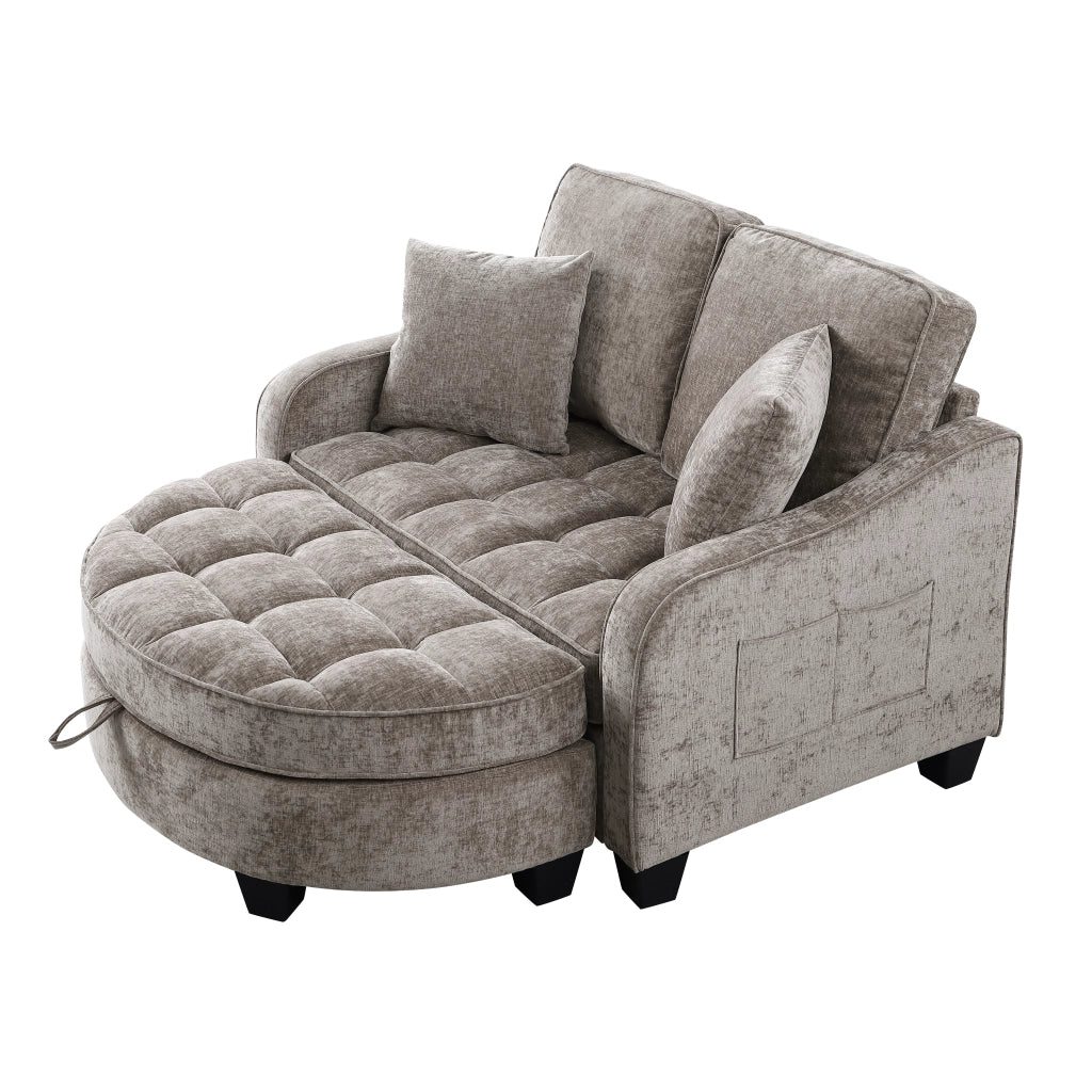 Divano letto 2 in 1 con pouf contenitore in legno di eucalipto marrone