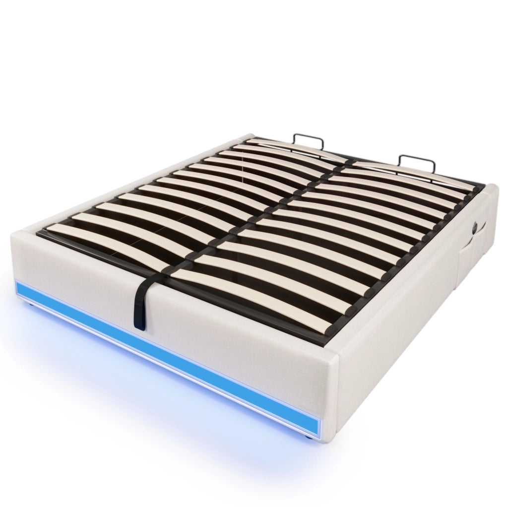 Letto imbottito 140x200 cm senza testiera con LED, USB e Type-C, contenitore idraulico, beige