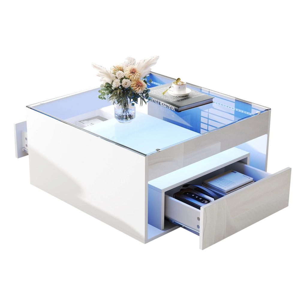 Tavolino da salotto quadrato 70x70x35 cm con 2 cassetti, piano in vetro temperato, LED integrato, struttura in MDF bianco lucido