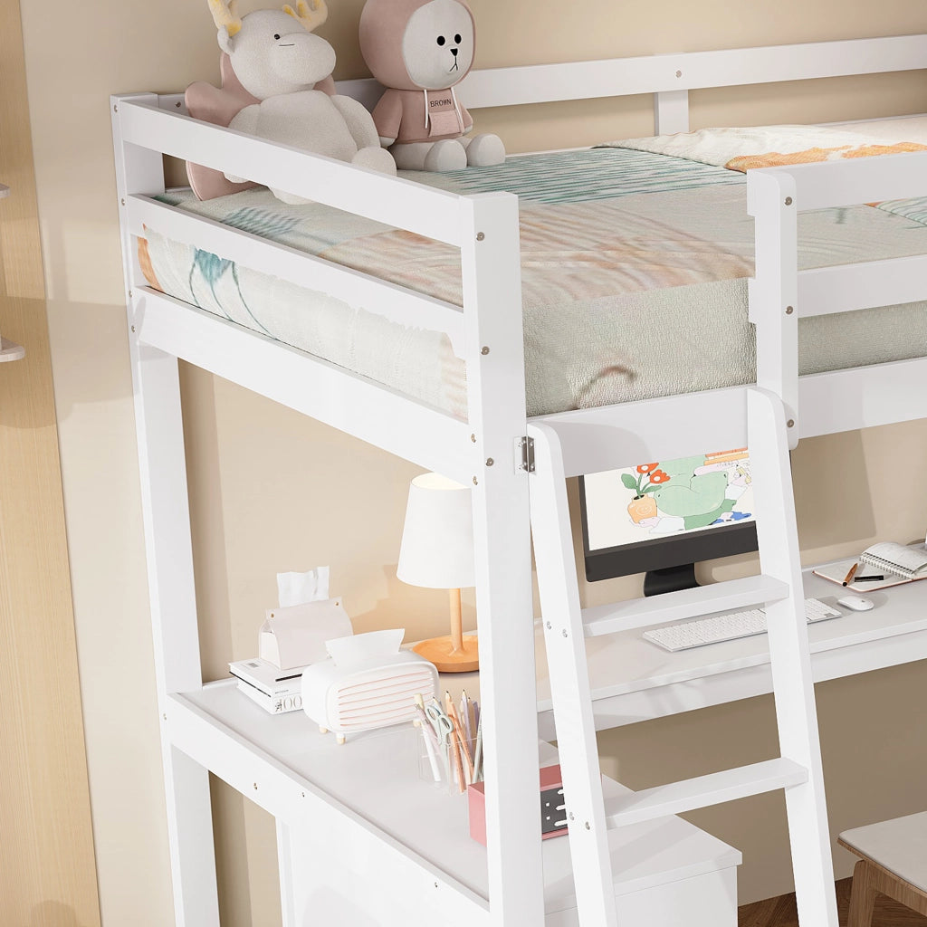 Letto a soppalco 90x200 cm bianco con ripiani; tasche in feltro e scala inclinata