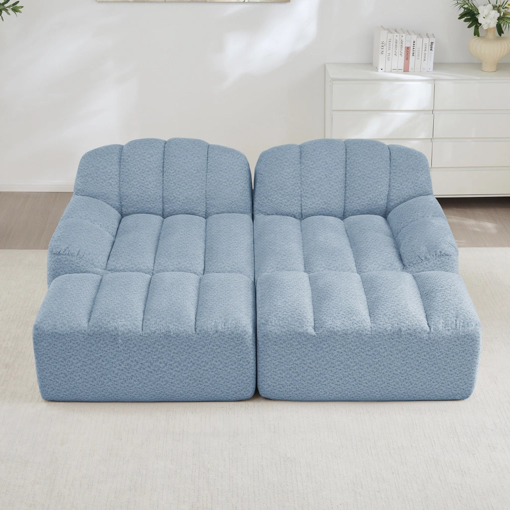 Divano modulare a 2 posti con ottomani in pile granulato blu