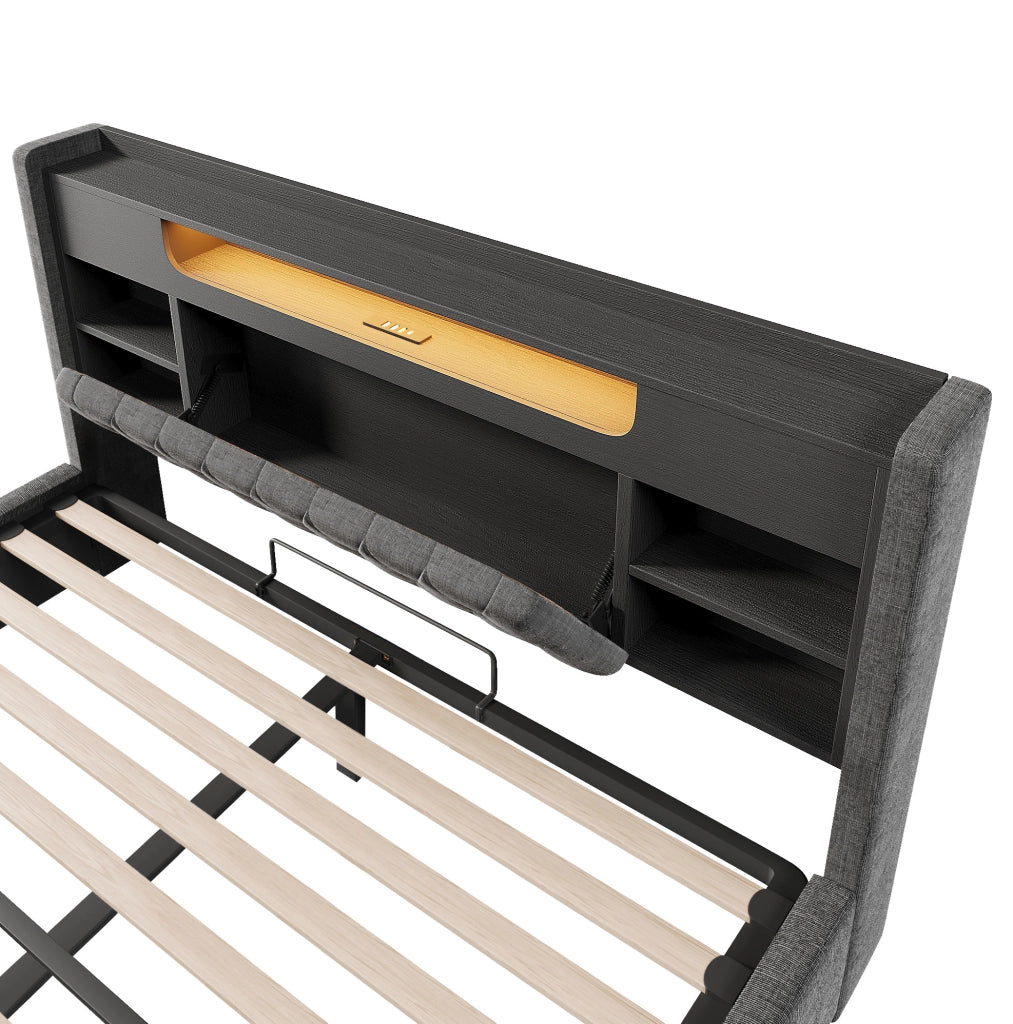 Letto matrimoniale contenitore 140x200 cm in lino grigio con LED; prese USB e USB-C HOMVRA